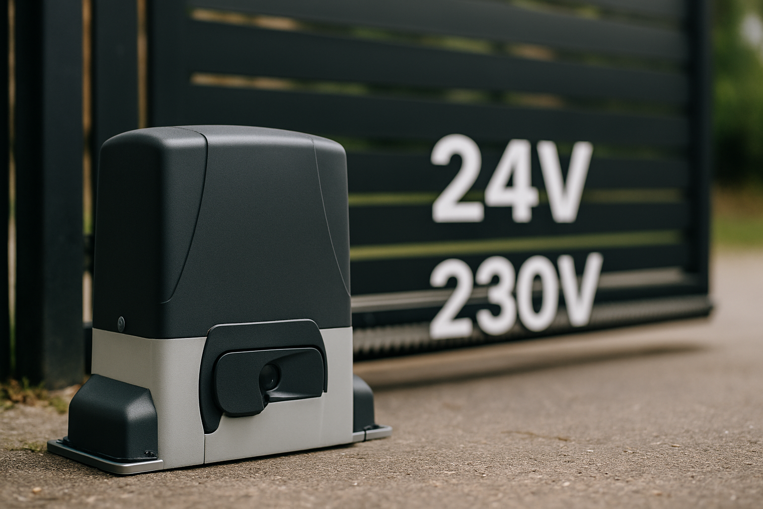Automatyka do bram - napęd elektryczny z oznaczeniem 24V i 230V, umieszczony na tle nowoczesnej bramy.