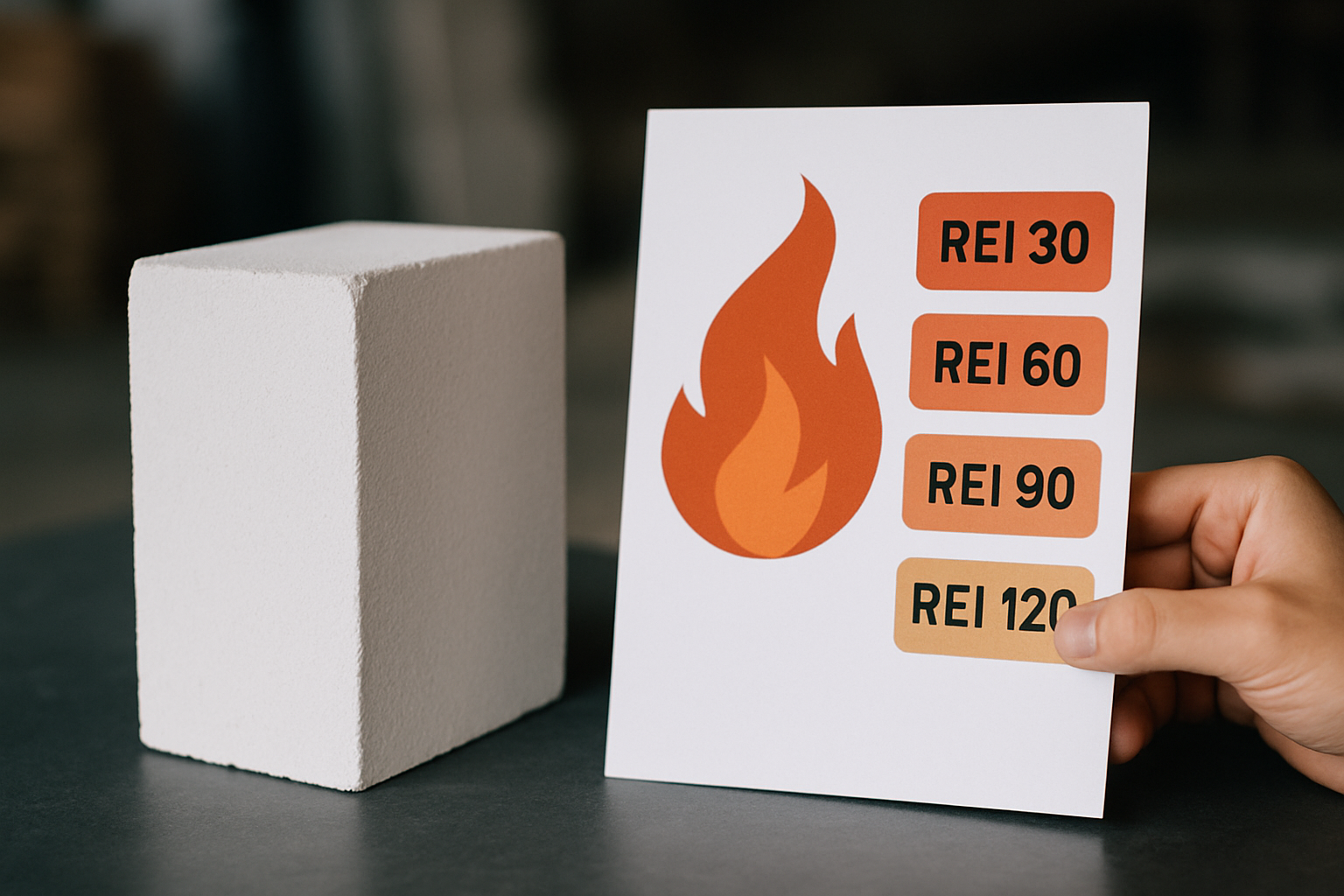 Kartka z oznaczeniami REI (30, 60, 90, 120) obok białego bloku materiału, przedstawiająca różne poziomy odporności ogniowej.