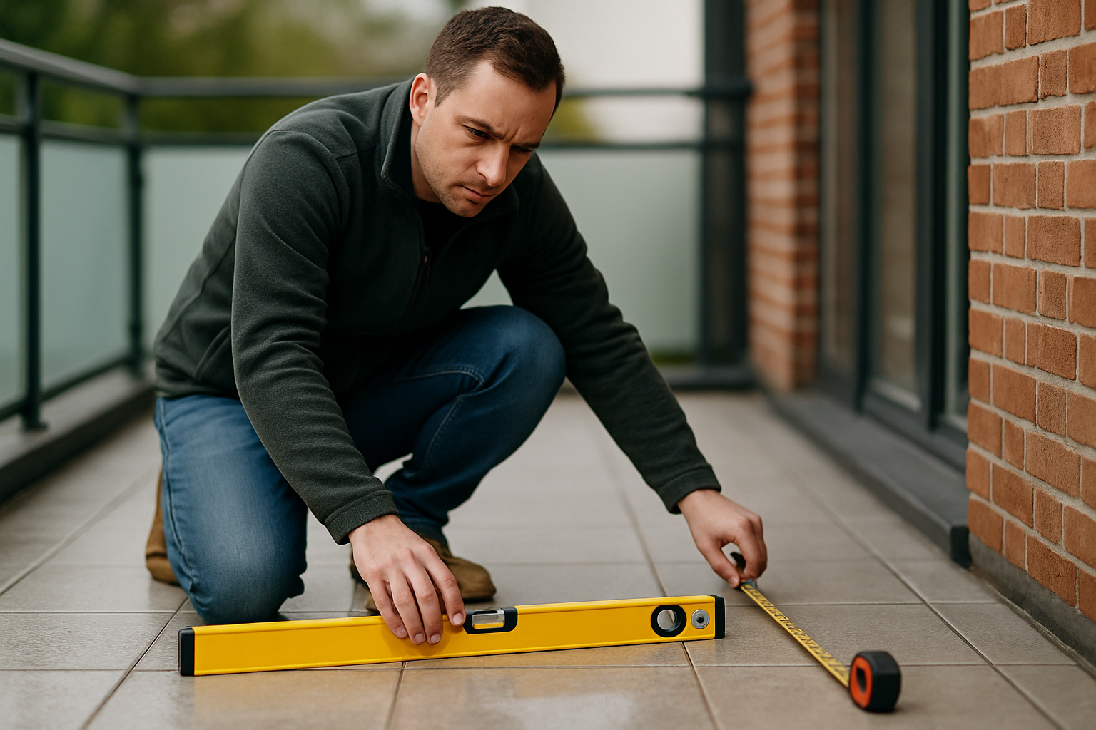 Mężczyzna w szarej bluzie klęczy na tarasie, używając poziomicy i miary, aby sprawdzić równość podłogi. W tle widać ceglaną ścianę i balustradę.