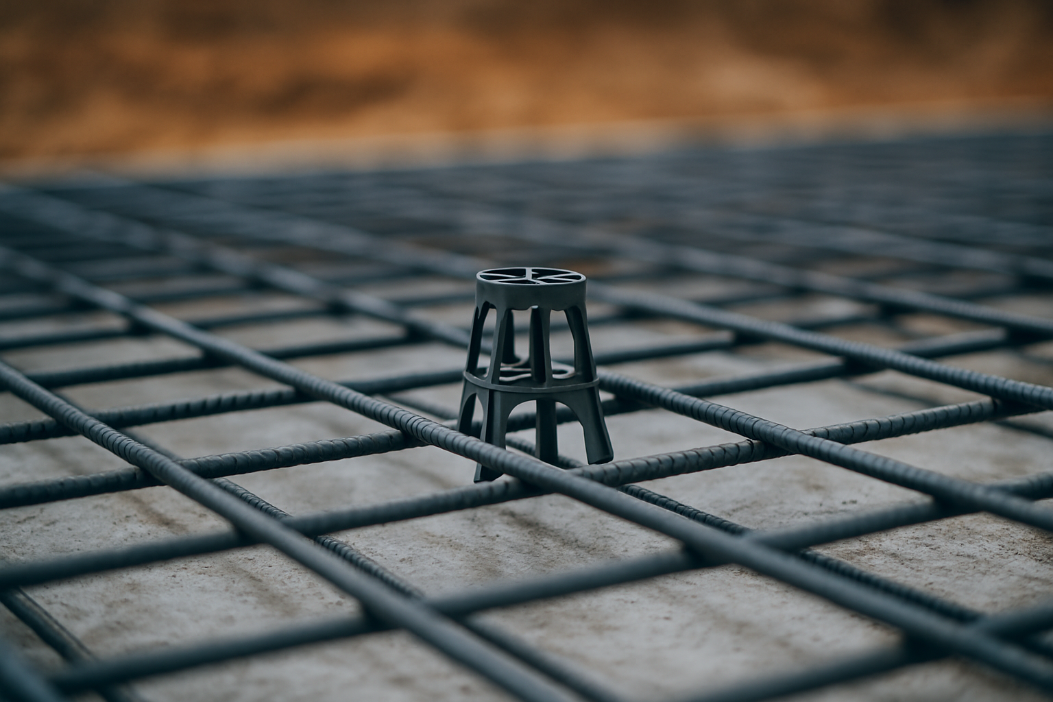 Czarny stelaż na budowie, umieszczony na stalowej siatce zbrojeniowej, służący do podtrzymywania betonu.