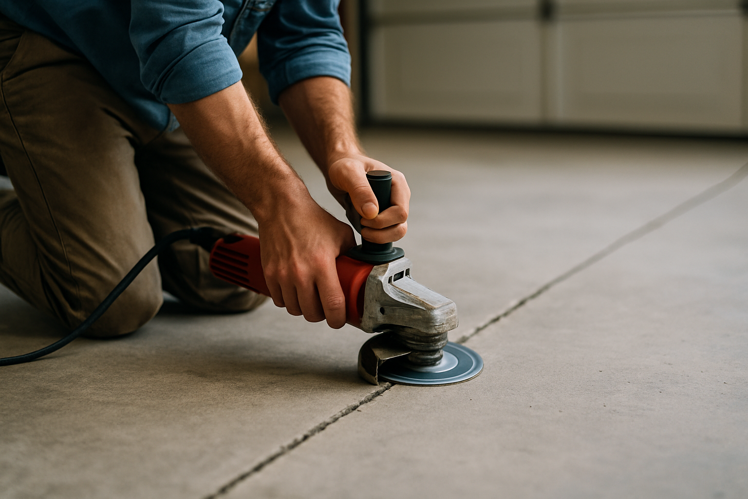 Mężczyzna używa szlifierki kątowej do obróbki betonu na podłodze, koncentrując się na precyzyjnym usuwaniu nierówności.
