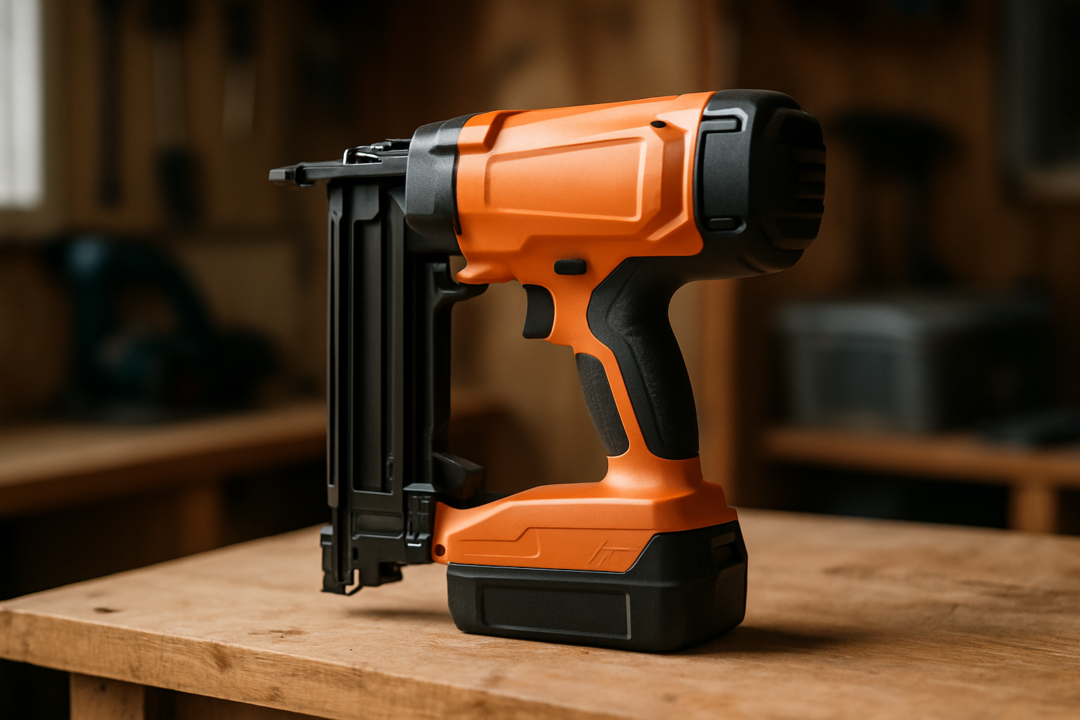 cover-277057 Wizualizacja nowoczesnego narzędzia pneumatycznego w kolorze pomarańczowym, umieszczonego na drewnianym stole warsztatowym. Narzędzie przeznaczone do szybkiego i efektywnego wbijania gwoździ, idealne dla majsterkowiczów oraz profesjonalistów.