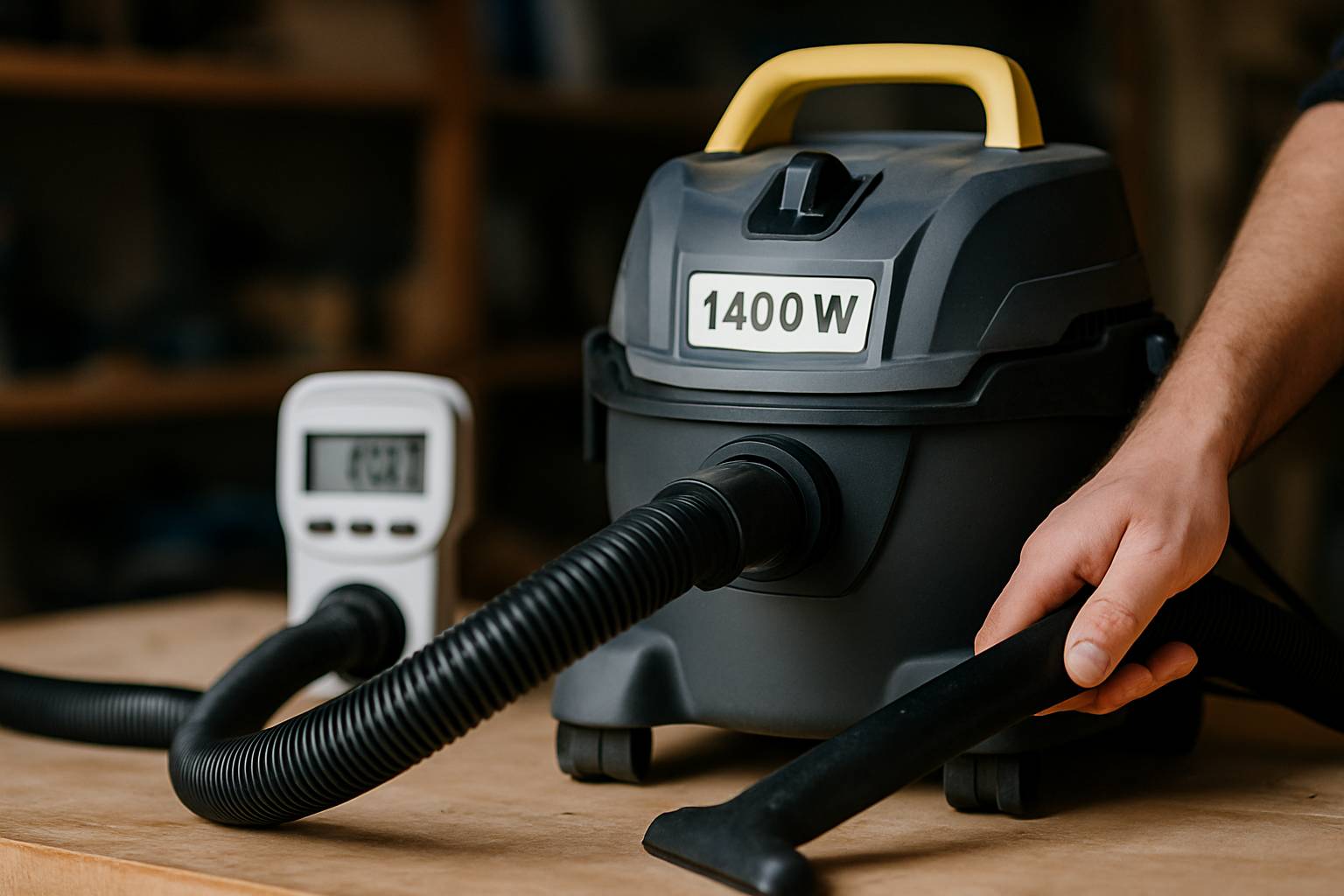 Odkurzacz o mocy 1400 W z elastycznym wężem i uchwytem, umieszczony na drewnianym blacie obok miernika energii. Idealny do sprzątania w warsztacie lub podczas remontu.