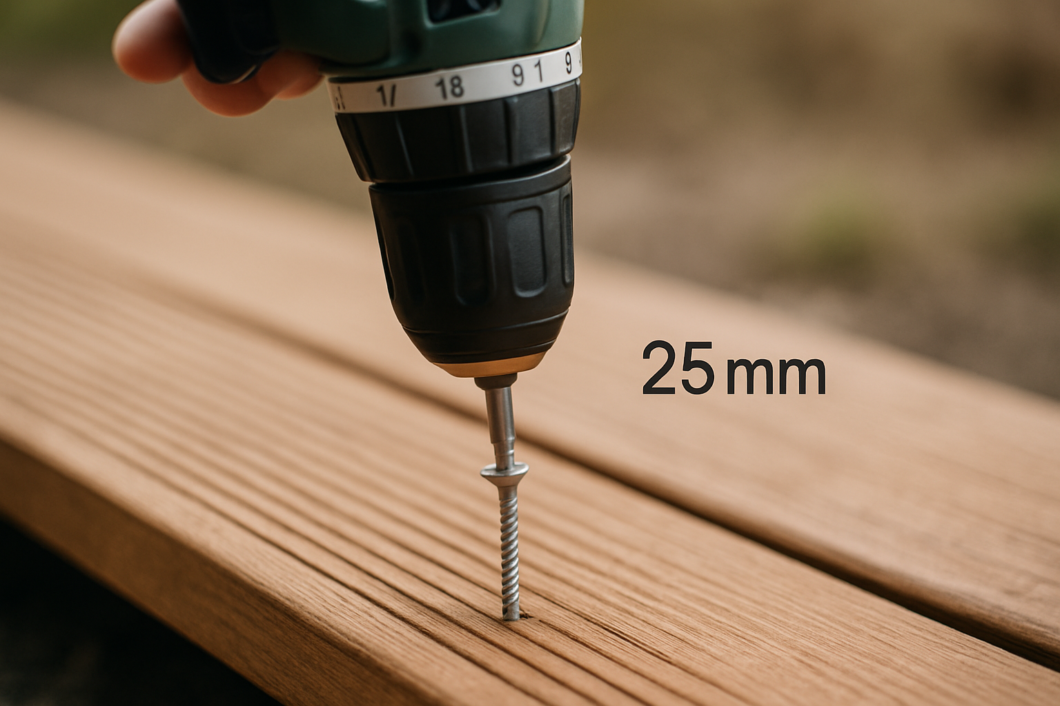 Wiertarka akumulatorowa wkręcająca śrubę o długości 25 mm w drewnianą deskę.