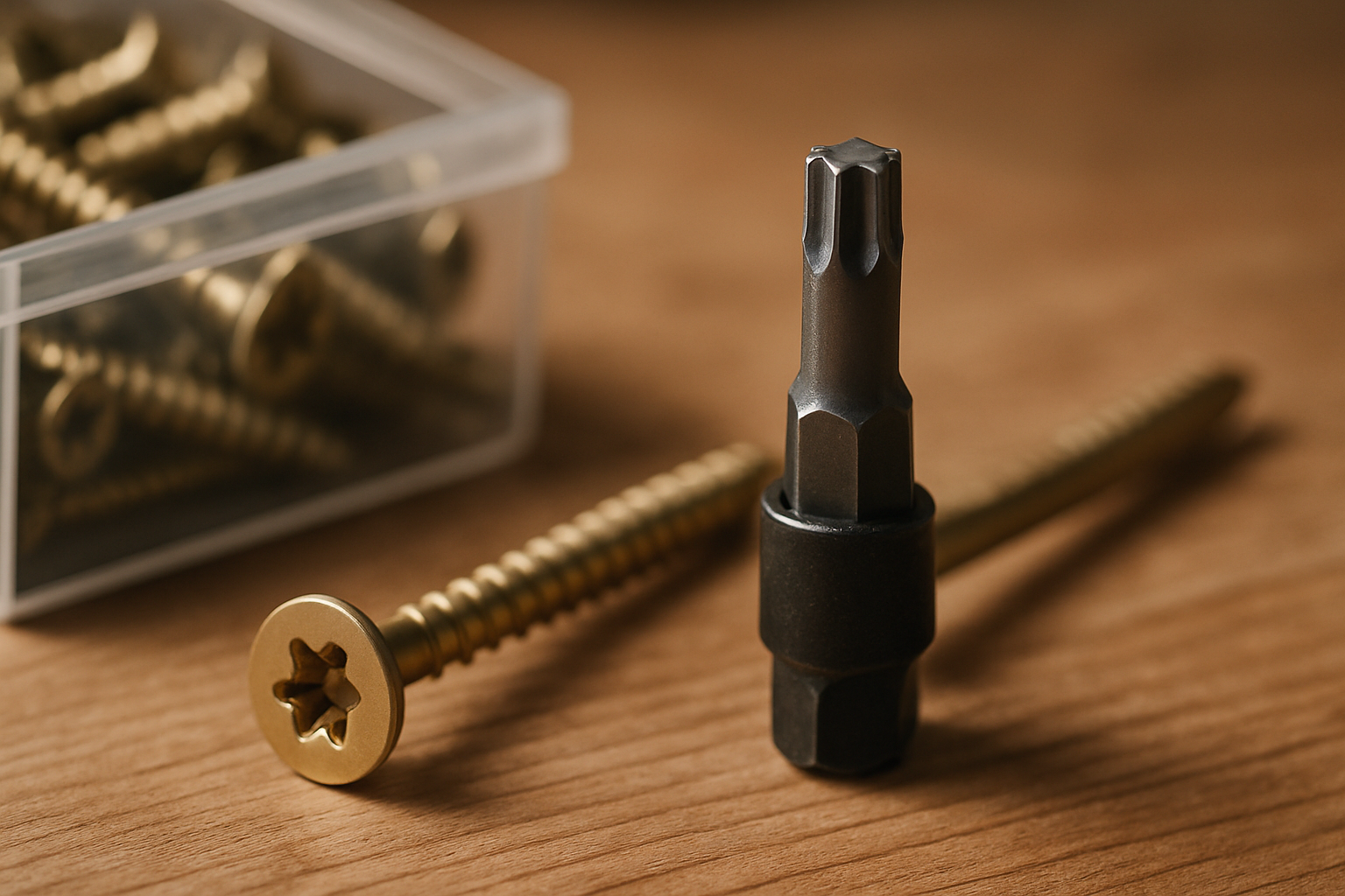 Śruby w złotym kolorze obok końcówki wkrętarskiej na drewnianym blacie, w tle przezroczyste opakowanie z dodatkowymi śrubami.