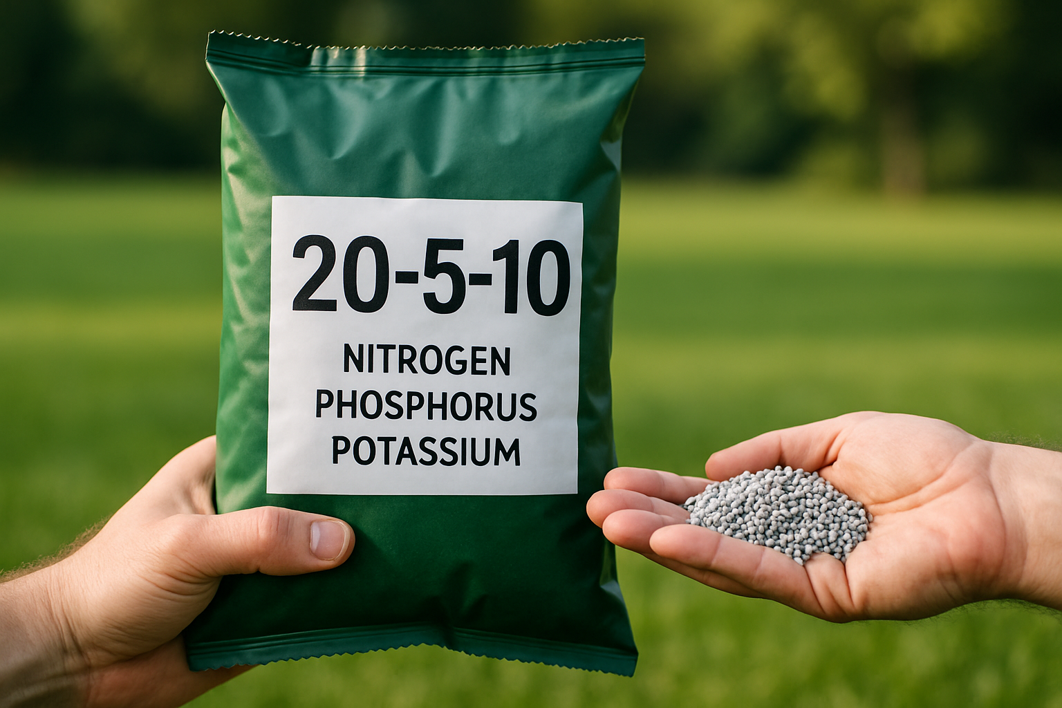 Opakowanie nawozu o składzie 20-5-10, zawierające azot, fosfor i potas, trzymane w ręce, z widokiem na zielone tło.