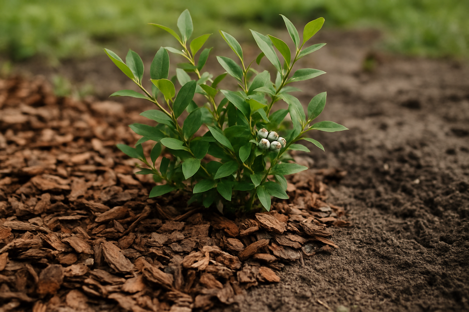 Młoda roślina borówki otoczona korą drzewną, rosnąca w glebie. Zielone liście i zawiązki owoców wskazują na zdrowy rozwój.