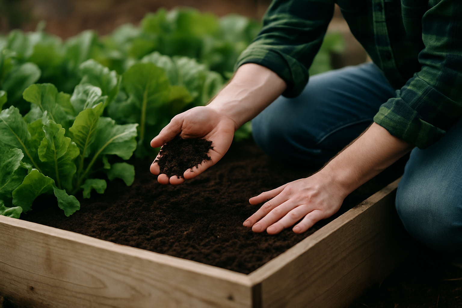 Mężczyzna w zielonej koszuli sprawdza jakość gleby w ogrodzie, trzymając w dłoni ziemię. W tle widać świeże liście sałaty rosnącej w drewnianej skrzyni ogrodowej.