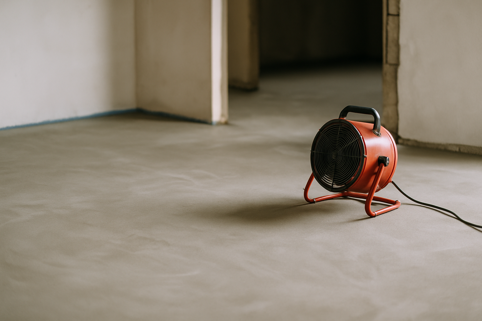 Wentylator na podłodze w nowo wykończonym pomieszczeniu, służący do suszenia świeżo nałożonej wylewki.