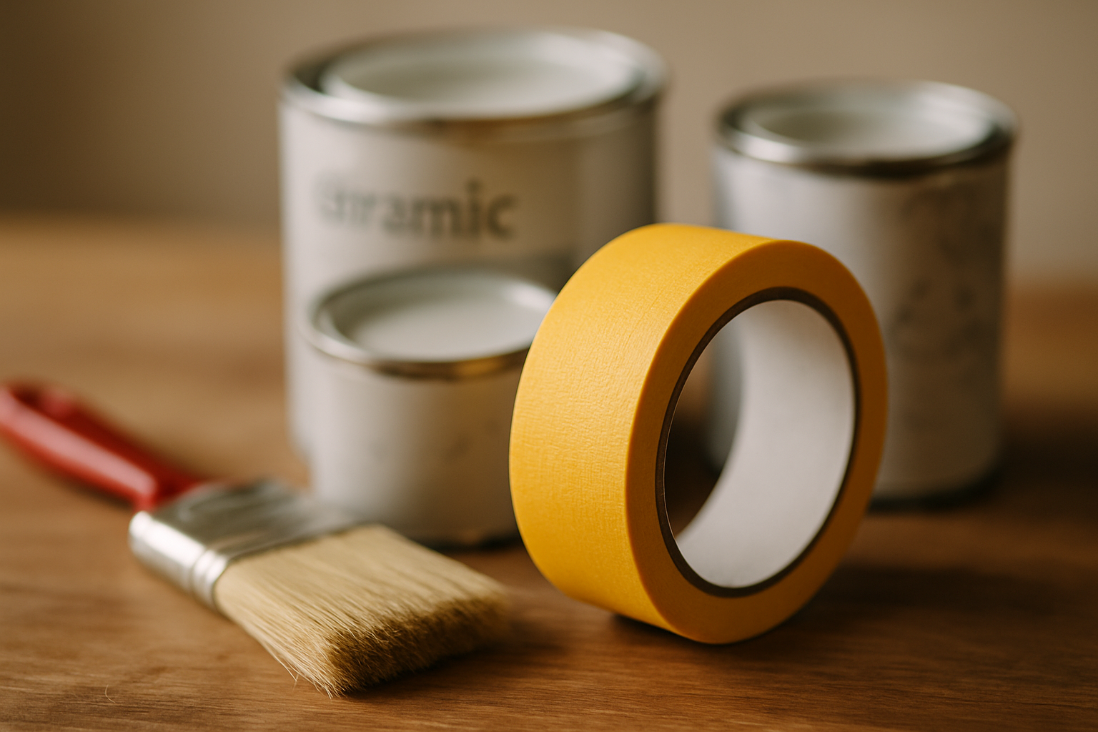 Zestaw narzędzi malarskich: pędzel z czerwoną rączką, żółta taśma malarska oraz puszki z farbą na drewnianym blacie. Idealne do prac remontowych i malarskich w domu.