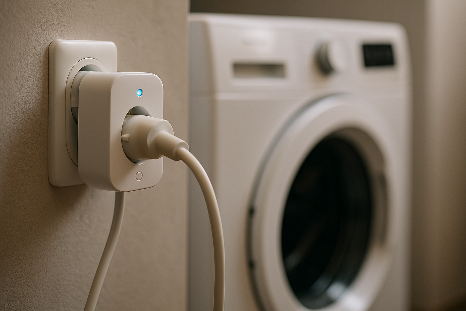 Gniazdko elektryczne z wtyczką podłączoną do pralki, z widoczną niebieską diodą LED, w tle mieszkalnego wnętrza.
