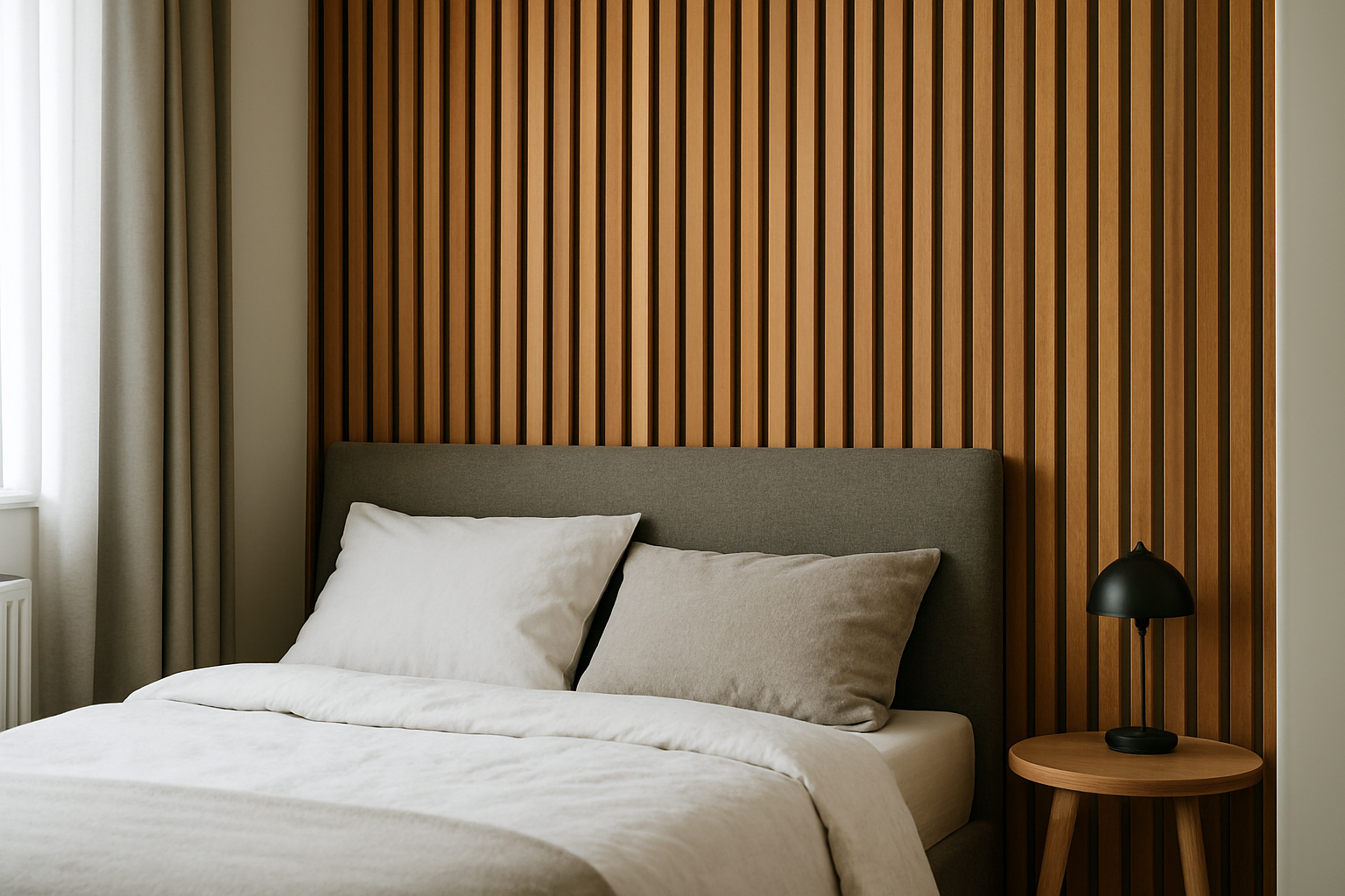 Nowoczesna sypialnia z szarym łóżkiem, poduszkami w odcieniach beżu oraz drewnianą, żłobioną ścianą. Obok łóżka znajduje się stolik nocny z czarną lampką. Jasne zasłony wpuszczają naturalne światło.