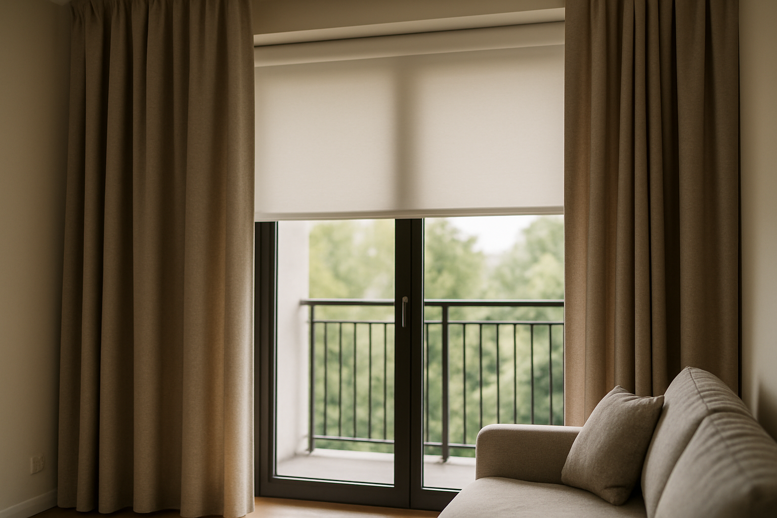 Stylowe wnętrze z jasnymi zasłonami i roletą, widok na balkon z balustradą oraz wygodna sofa. Idealne dla osób ceniących komfort i estetykę w przestrzeni mieszkalnej.