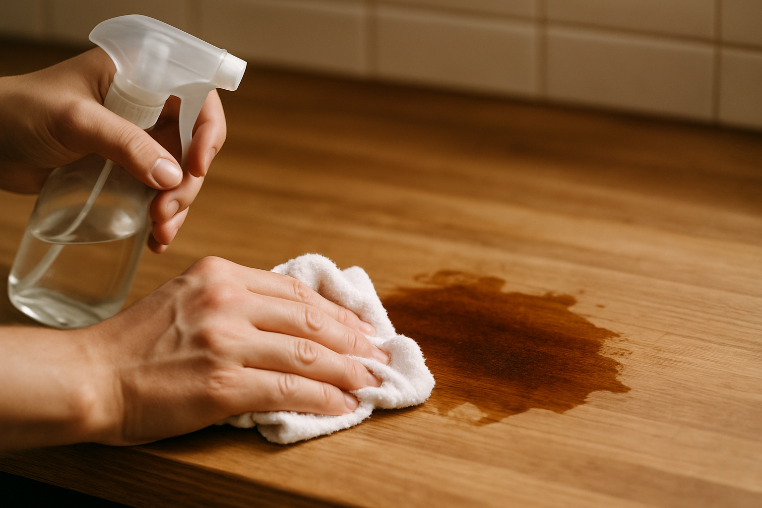 Osoba sprzątająca stół drewniany, używając sprayu czyszczącego i białej ściereczki do usuwania plamy.