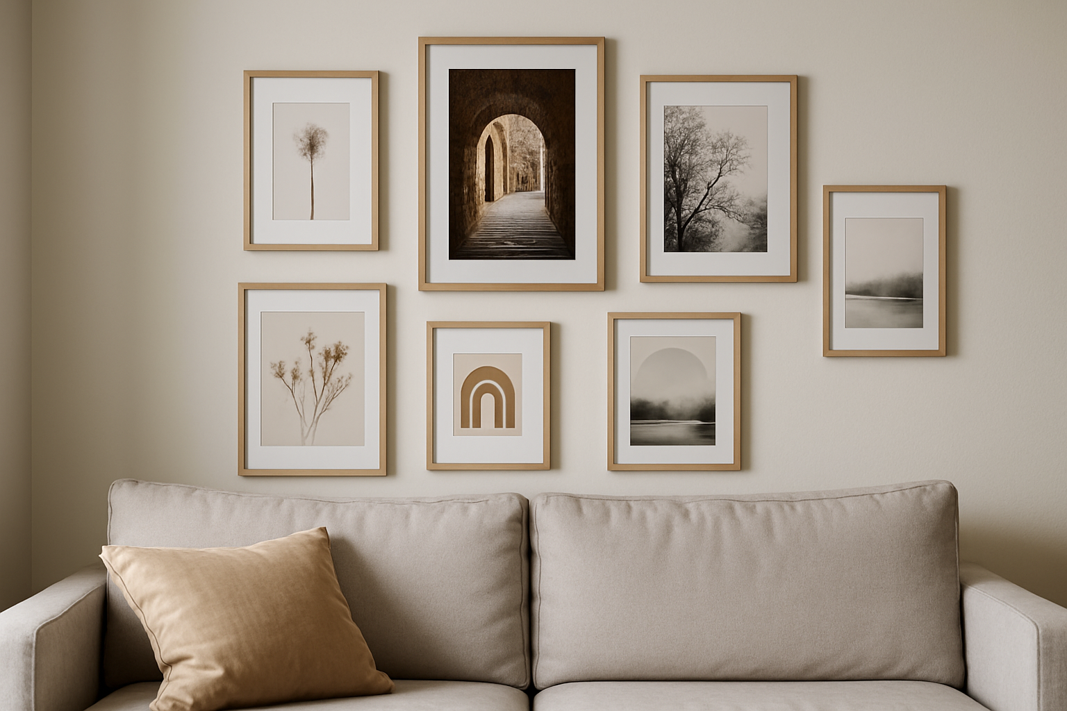 Stylowa ściana z galerią zdjęć w ramkach na tle jasnej ściany. W centralnej części znajduje się zdjęcie przejścia, a wokół niego minimalistyczne grafiki roślinne i abstrakcyjne. Na kanapie w kolorze beżowym leży poduszka w odcieniu złotym.