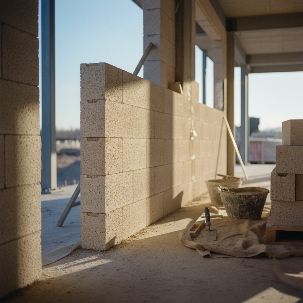 Widok na budowę z murkiem z bloczków, narzędziami budowlanymi i wiadrem z zaprawą, w tle jasne niebo.