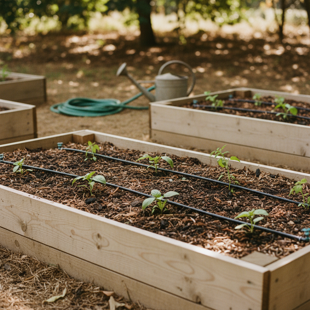 cover-277413 Szklarnie z drewnianymi skrzynkami wypełnionymi ziemią, w których rosną młode rośliny. W tle widoczny wąż ogrodowy oraz konewka, co sugeruje dbałość o nawadnianie upraw. Idealne dla ogrodników amatorów i miłośników ogrodnictwa.