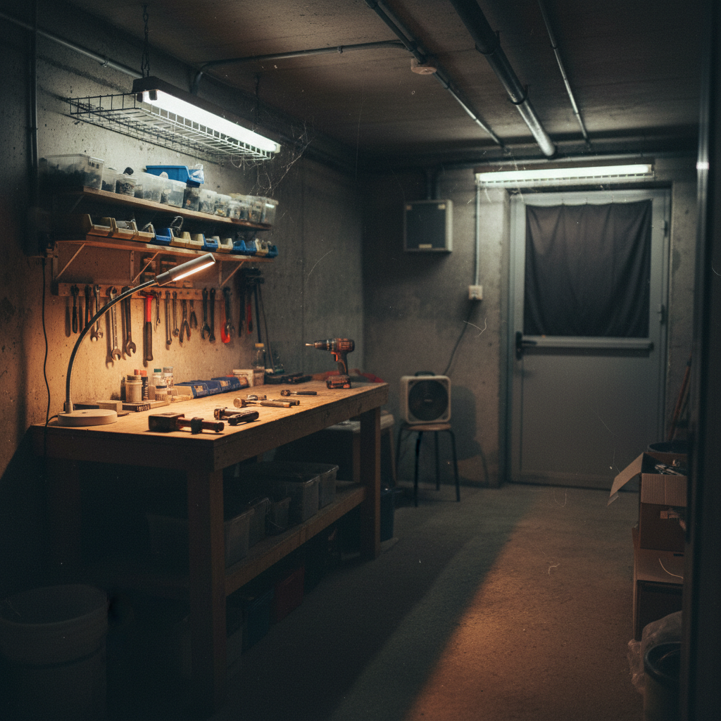 cover-277422 Warsztat w piwnicy z drewnianym stołem roboczym, narzędziami zawieszonymi na ścianie, lampą biurkową oraz szafką. W tle widać drzwi z zasłoną. Oświetlenie tworzy ciepłą atmosferę, a podłoga jest betonowa.