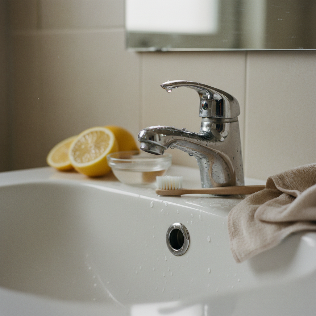 cover-277428 Kran w łazience z kroplami wody, obok cytryny, miseczki z wodą i drewnianej szczoteczki do zębów, na tle jasnych płytek.