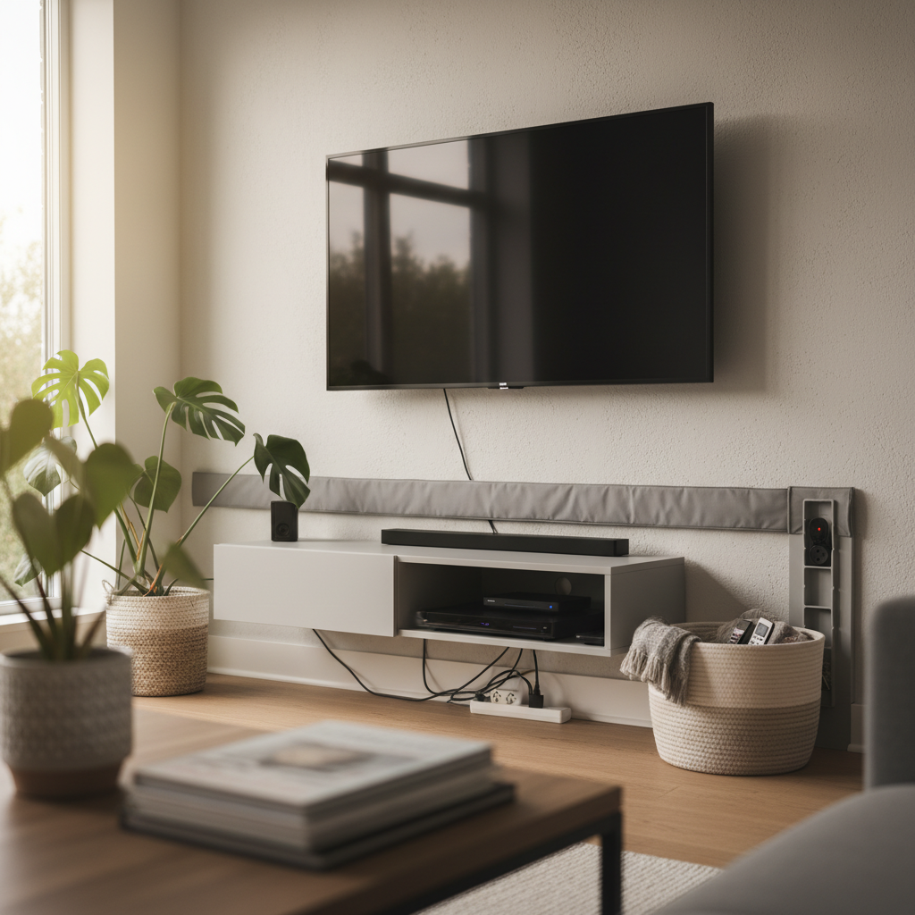 Nowoczesny salon z telewizorem powieszonym na ścianie, minimalistycznym meblem RTV, roślinami doniczkowymi oraz eleganckimi akcesoriami.