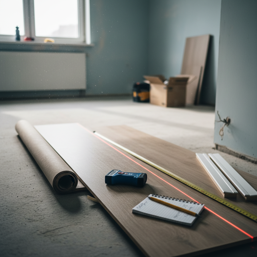 Widok na podłogę w pomieszczeniu remontowym z rolką materiału, deskami, miarką, poziomicą laserową i notatnikiem.