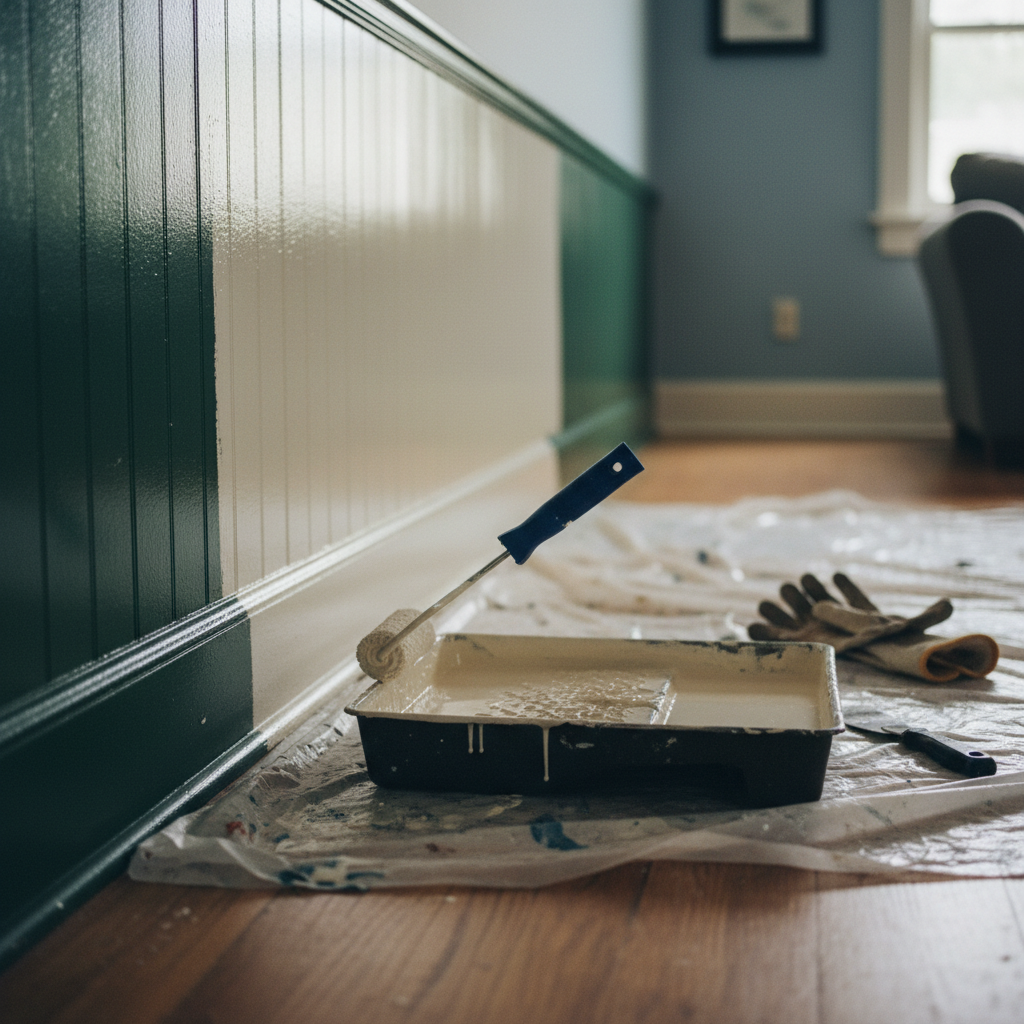 Pojemnik z farbą i wałkiem do malowania na podłodze, obok rękawice i narzędzia. Ściana w kolorze zielonym i białym, otoczenie domowe.