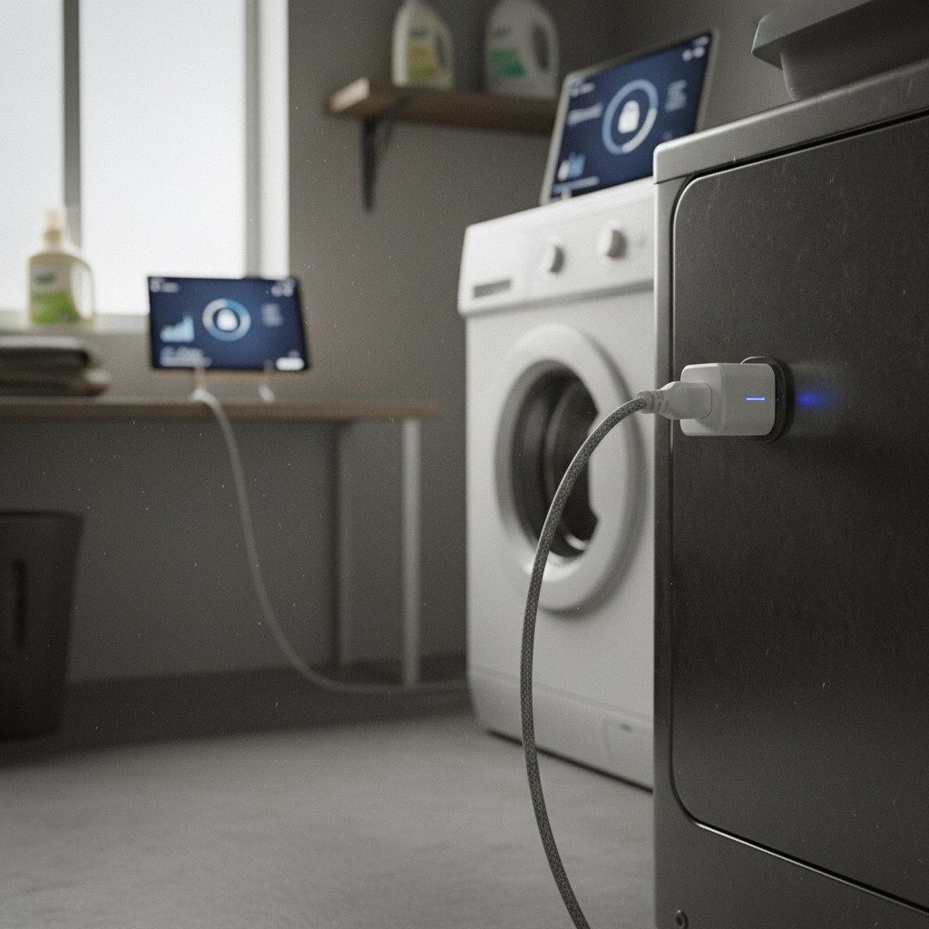 Inteligentna pralka w nowoczesnym wnętrzu pralni, z podłączonym kablem do zasilania i wyświetlaczem monitorującym. W tle widoczne środki czystości na półce oraz tablet z interfejsem użytkownika.