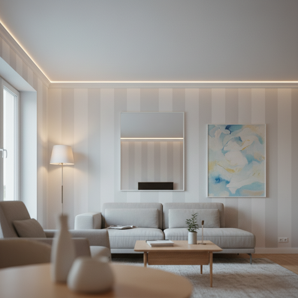 Nowoczesny salon z jasnymi ścianami w pasy, wygodną szaro-beżową sofą, drewnianym stolikiem kawowym, lampą stojącą oraz obrazem w pastelowych kolorach na ścianie. Naturalne światło wpada przez okno, tworząc przytulną atmosferę.