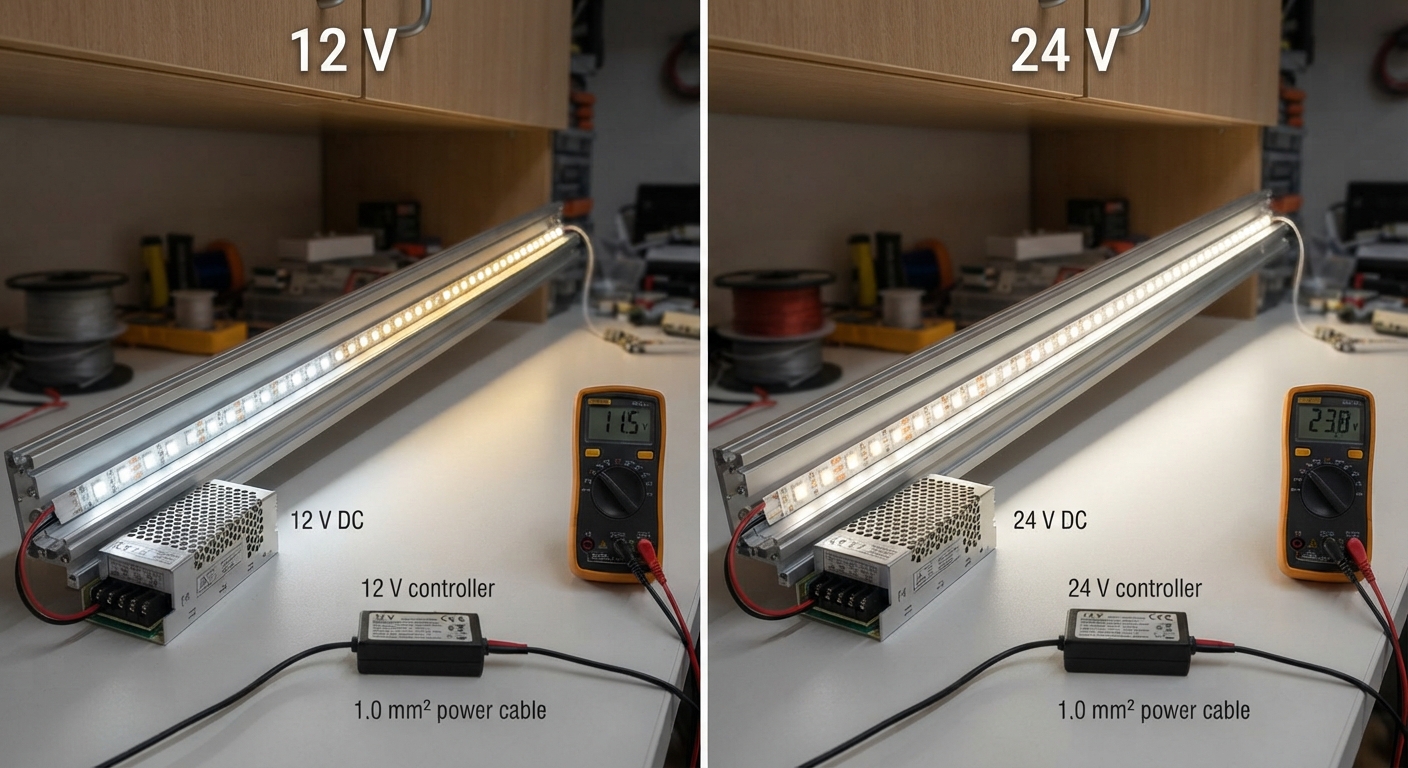 Porównanie taśmy LED 12 V i 24 V w praktycznej instalacji, budowa paska, oznaczenia napięcia i miejsca cięcia